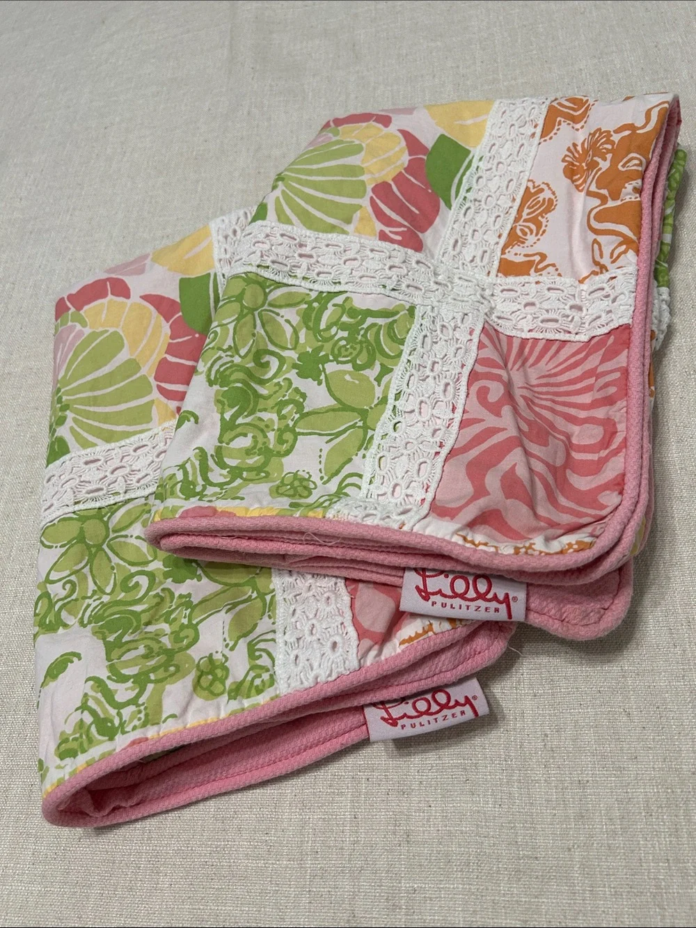 Lilly Pulitzer Patchwork Pillow Shams (2) Vibrant Pastel Floral With Lace Detail